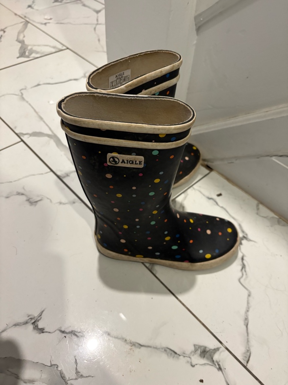Aigle Black Rain Boots with Multicolor Polka Dots